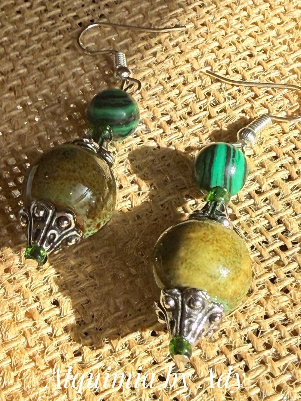 Green and Silver boho dangling drop Earrings with malachite